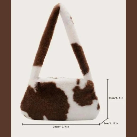 Cow Pattern Furry Underarm Bag Mini Plush Shoulder Handbags Purse Cow Fuzzy Bag - Picture 2 of 3